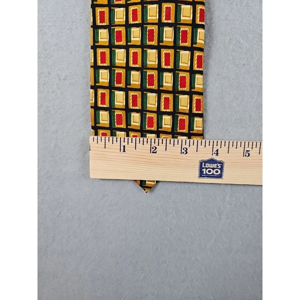 Rebae Silk Men's Neck Tie Gold Red Green Geometric Design